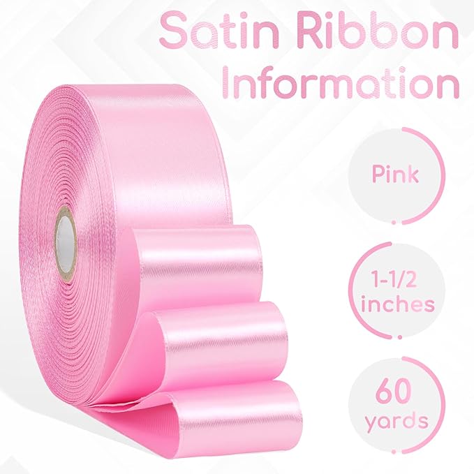 Pink Ribbon 1-1/2 Inch x 60 Yards, Pink Satin Ribbon for Flower Bouquet, Crafts, Gift Wrapping, Baby Shower, Handmade Roses, Wedding and Hair Accessories