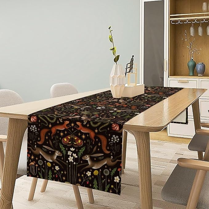 Rustic Forest Table Runner, Fairy Tale Forest Woodland Wild Animals Moths Flowers Table Runner for Farmhouse Cottage Kitchen Dining Table Decor Indoor Outdoor Party, 13x36inch