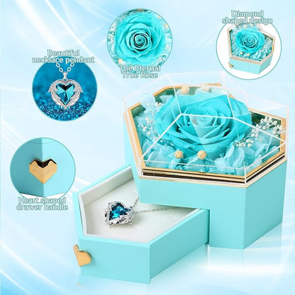 Preserved Cyan Real Rose with Necklace Forever Flowers Diamond shaped Box for Mom Wife Girlfriend Grandma on Mothers Day Birthday Valentines Christmas Anniversary Beatiful Gifts for women