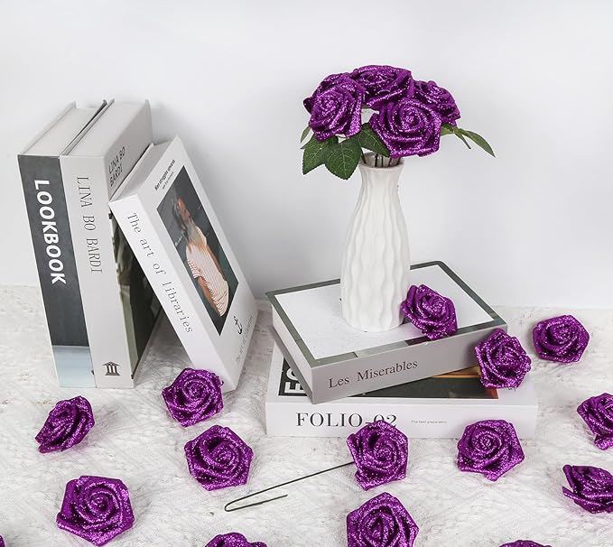 Foam Roses,50PCS Purple Glitter Roses Artificial Flowers 2.76" Fake Roses with Stem for Wedding Christmas DIY Wreath Home Table Floral Arrangement(Purple)