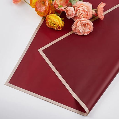 Jutieuo 20 Sheets Burgundy Flower Wrapping Paper, Waterproof Floral Wrap Gold Edge Bouquet Wrapping Paper Florist Supplies (22.8 x 22.8 inch)
