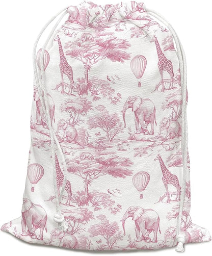 DSHFG Light Pink Drawstring Birthday Gift Bags, Safari Toile Chinoiserie Animals Baby Shower Drawstring Gift Bags Canvas, Pink and White Small Happy Birthday Bag, Gifts for Women, 10x13 Inch