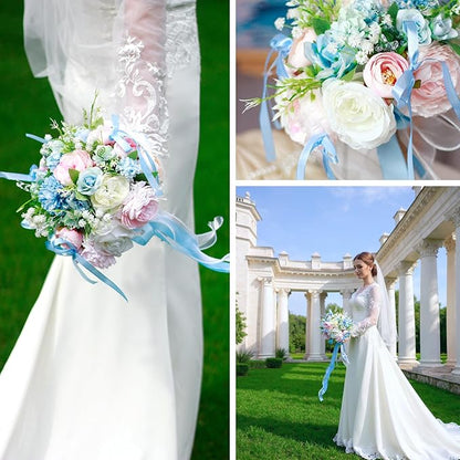 8.6in Wedding Bouquets for Bride Bridesmaid, Baby Blue Blush Pink Creamy White Bouquet with Crystal Pastel Flowers Artificial Fake Silk Roses for Wedding Rainbow Spring Beach Decoration Toss Bouquet