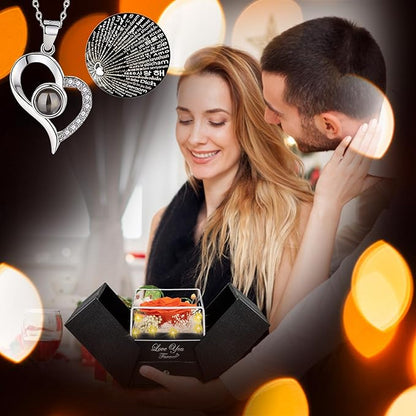 Preserved Orange Real Rose-Eternal Flowers Rose Gifts for Mom Grandma Wife Girlfriend on Mothers Day Birthday Valentines Christmas Anniversary Romantic Gifts for Her with I Love You Necklace