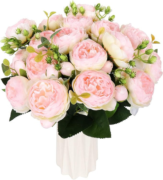 DEEMEI Artificial Peonies Flower Silk Peony Bouquet 4 Bundles Faux Persian Rose with Eucalyptus Leaves for Home Wedding Party Decoration (Light Pink)