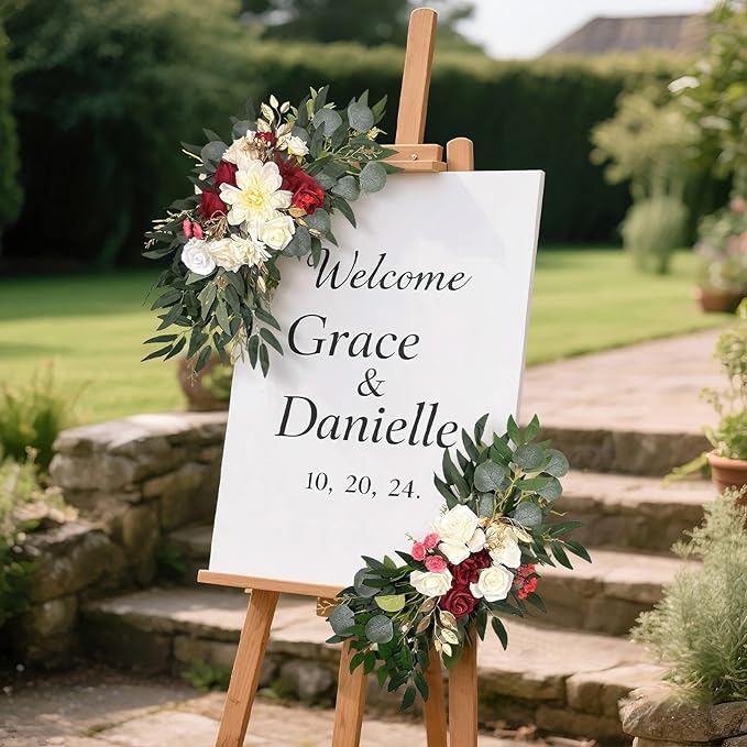 Artificial Wedding Arch Flowers (Pack of 2) White Wedding Flowers for Wedding Welcome Ceremony Sign Faux Floral Swags, Banquet and Reception Backdrop Floral Decoration (White & Red)