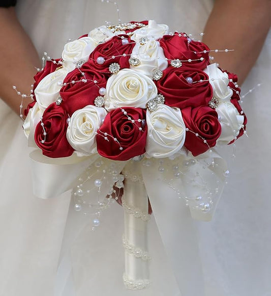 Bridal Wedding Bouquet Round Bling Brooch Bouquet Throw Toss Artificial Rose Flower Bunch for Bride Bridesmaid Wedding Quinceanera(Ruby Red & Ivory, 9.8")