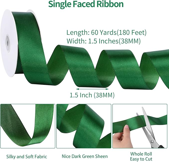 Dark Green Ribbon 60 Yards 1 1/2 Inch Emerald Green Satin Christmas Ribbon for Gift Wrapping Crafts Flower Bouquet Wedding Christmas Wreath Xmas Decorations