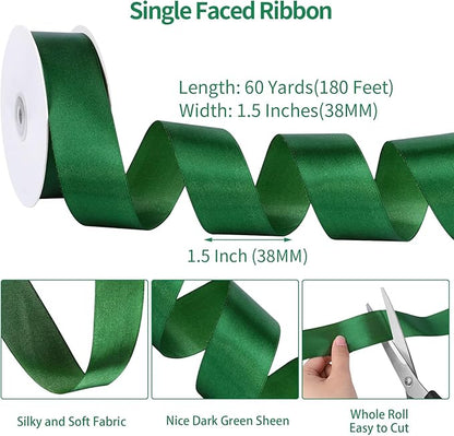 Dark Green Ribbon 60 Yards 1 1/2 Inch Emerald Green Satin Christmas Ribbon for Gift Wrapping Crafts Flower Bouquet Wedding Christmas Wreath Xmas Decorations