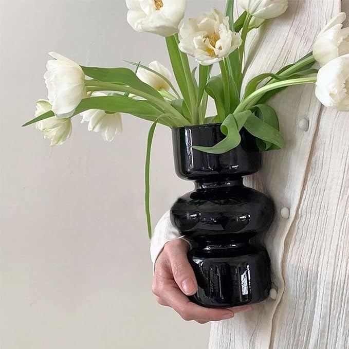 BLOFLO Black Glass Hydroponic Vase, 7Inches Glass Vase for Flower, Modern Geometric Three-Layer Floral Vases for Home Office, Wedding Table Decoration(Black)