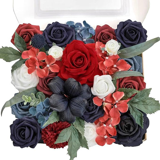 TINGE TIME Artificial Flowers Combo Mix Silk Flowers Navy Blue Roses w/stem for DIY Wedding Bridal Bouquets Baby Shower Floral Arrangement Table Centerpieces Home Decorations (Red & Navy Blue & White)