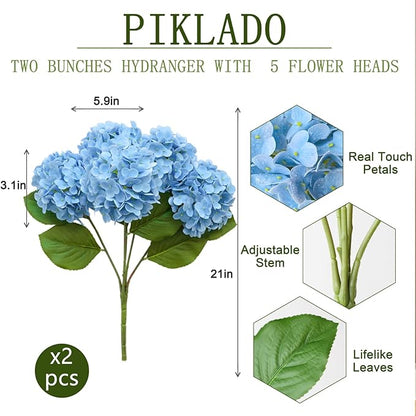 A Bunch 21in， Real Touch Hydrangea Artificial Flowers， with 10pcs Flower Head 20pcs Leaves， Faux Hydrangea Flowers for Home Office Decor Wedding Party Arrangements (2, Blue)