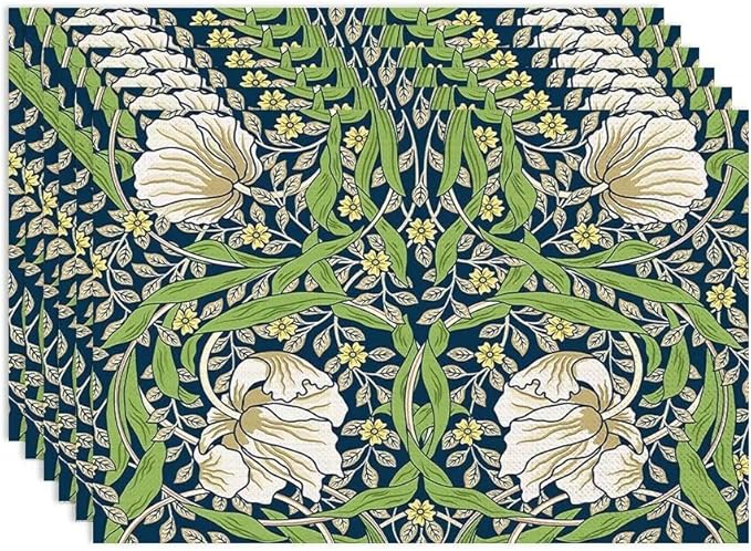 William Morris Flower Placemats Set of 6, Retro Boho Botanical Plant Place Mats, Heat Resistant Non Slip Cotton Linen Dining Table Mats for Home Kitchen Party 18x12 Inch