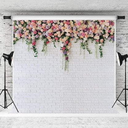 10X10FT White Brick with Flowers Backdrop Occasions Mother's Day Wedding Bridal Shower Birthday Party Banner Background Supplies DH-357