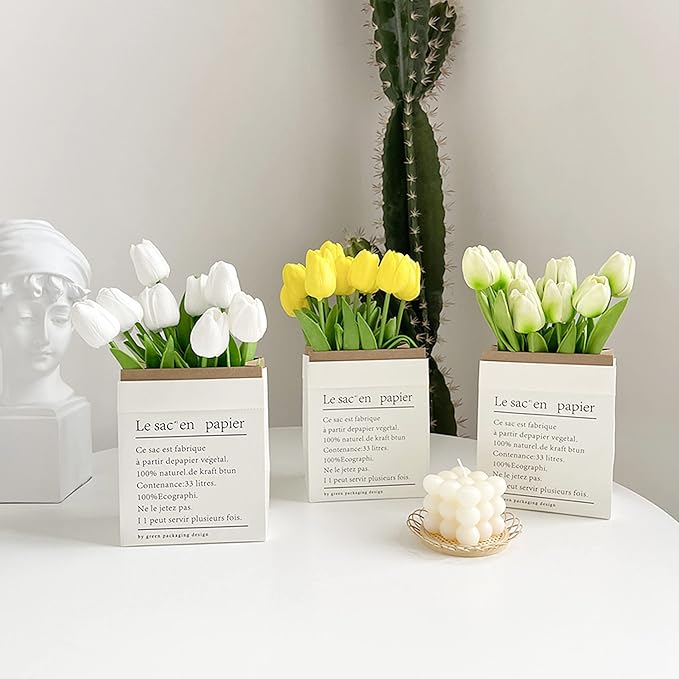 UKELER 24 Pcs Tulip Artificial Flowers White&Green Real Touch PU Tulip Flowers for Floral Arrangement Centerpiece Wedding Bouquet Table Decoration Birthday Mother Gift