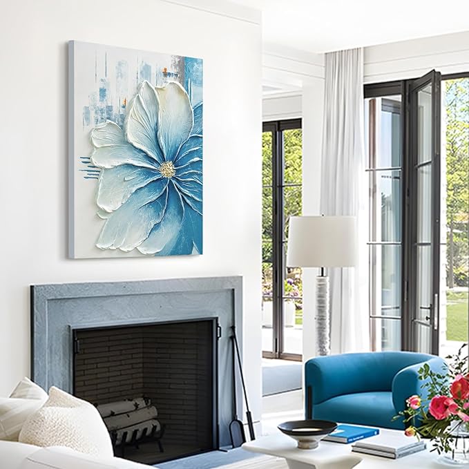 JUHOME Hand-Painted Blue Floral Canvas Wall Art, 24x36 In Thick Textured Abstract Oil Painting, Vertical Modern Artwork for Living Room, Bedroom, Office, Large Original Wall Decor