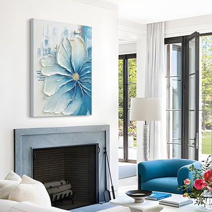 JUHOME Hand-Painted Blue Floral Canvas Wall Art, 24x36 In Thick Textured Abstract Oil Painting, Vertical Modern Artwork for Living Room, Bedroom, Office, Large Original Wall Decor