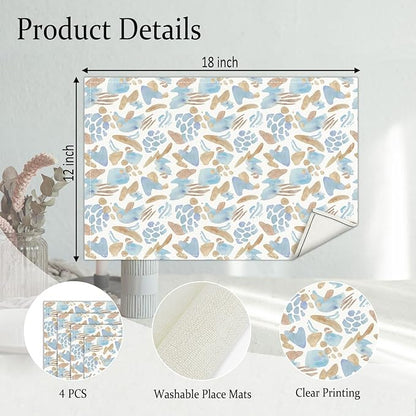Blue and Brown Placemats Set of 4, Watercolor Table Mat for Home Kitchen, Restaurants, Outdoor Linen Washable Place Mats 12x18 inch Party Event Dining Decoration-07