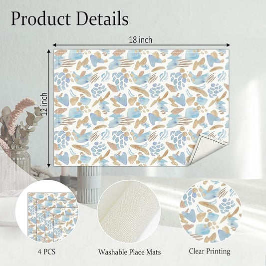 Blue and Brown Placemats Set of 4, Watercolor Table Mat for Home Kitchen, Restaurants, Outdoor Linen Washable Place Mats 12x18 inch Party Event Dining Decoration-07