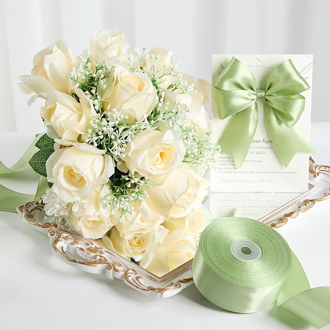 1-1/2 Inches 100 Yards Sage Green Satin Ribbon, Ribbon Roll for Flower Bouquets, Gift Wrapping, Wedding, Handmade Crafts