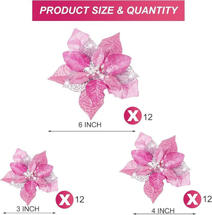 WILLBOND 36 Pieces Christmas Poinsettia Glitter Faux Flowers Christmas Artificial Flowers Tree Ornaments Topper Xmas Decorations(Pink)