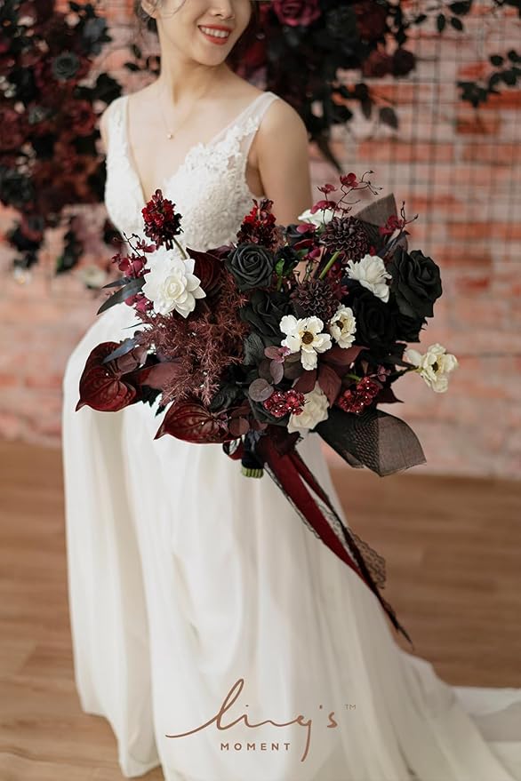 Ling's moment Black and Burgundy Wedding Bouquets for Bride, Gothic Bridal Bouquets for Bride, 15 Inch Free Form Artificial Wedding Flower Bouquet