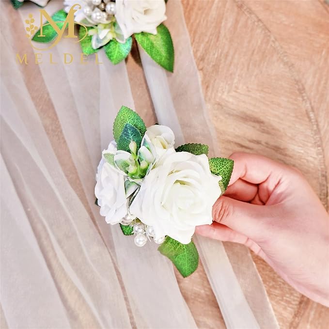 Meldel White Ivory Rose Floral Shoulder Corsages & Boutonniere for Men Wedding, Set of 6, Bride Bridal Bridesmaid Groom Groomsmen Boutineers for Ceremony Anniversary Party Prom Boutonniere