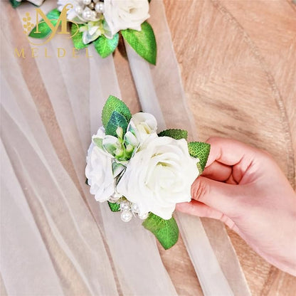Meldel Boutonniere for Men Wedding Floral Shoulder Corsages, Set of 2,Groomsmen White Artificial Boutonnieres for Men Wedding Prom Best Man Corsage, Bride Bridal Bridesmaid Girl Prom Shoulder Flowers