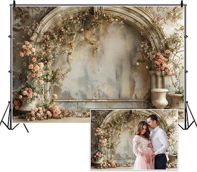 5x3ft Vintage Flower Building Backdrop Pink Rose Wall Boho Floral Wedding European Arch Wildflower Romantic Photography Background for Maternity Baby Shower Bridal Shower Birthday Decor
