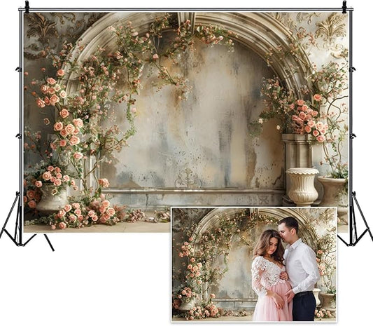 12x8ft Pink Flowers Backdrop Vintage Old Building Wall Spring Roses Floral Photography Bckground for Wedding Birthday Bridal Shower Mothers Day Womens Day Girls Women Mother-to-be Portrait