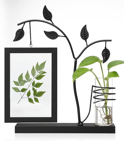 Afuly 4x6 Picture Frame Black with Metal Stand Glass Vase, Double Sided Glass Photo Frames, Wood Picture Frames Desk Modern Home Decor Anniversary wedding Gift for Couple Grandma Mom