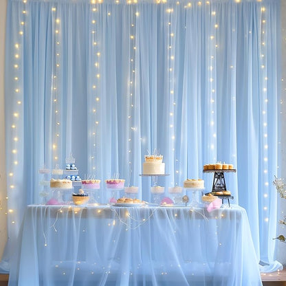 30ft x 10ft Blue Backdrop Curtain with Lights String for Parties, Sheer Tulle Wedding Photo Backdrops Drapes for Baby Shower Birthday Party Decorations Background for Photography