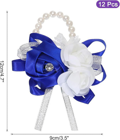 MECCANIXITY 12Pcs Wrist Corsage Artificial Flower Bracelets Rose Wrist Bride Groom Decorative for Wedding Ceremony Prom Party Anniversary Dark Blue