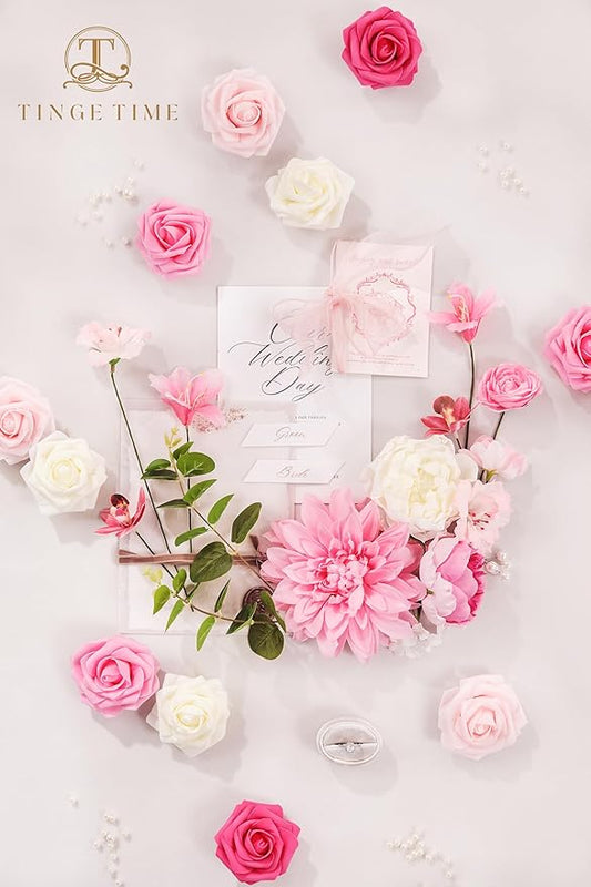 TINGE TIME Artificial Flowers Deep Pink Flower Combo for DIY Wedding Bouquets Table Centerpieces Arrangements Party Baby Shower Home Spring Decorations