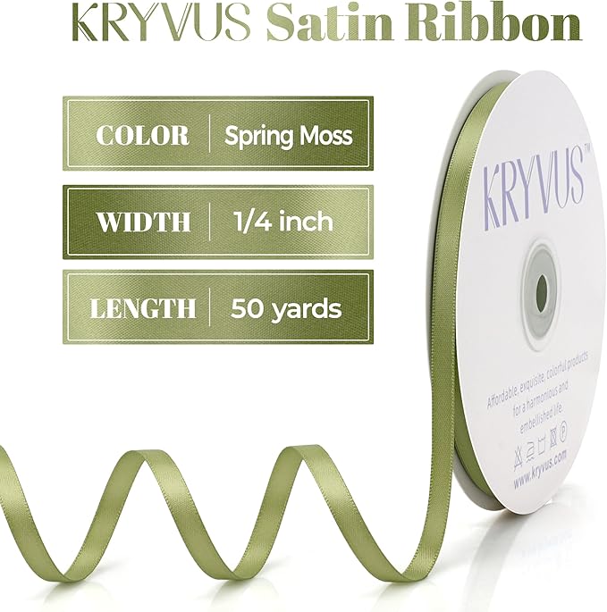 Moss Green Satin Ribbon, Double Faced 1/4 Inch X 50 Yards Moss Green Ribbon, Premium Satin Ribbon for Gift Wrapping, Crafts, Hair Bow Making, Sewing, Flower Bouquet, Wedding Party Decor