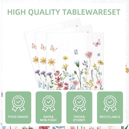 141Pcs Wildflower Party Decorations Spring Floral Birthday Decorations for 20 Guests - Tableware Plates and Napkins Forks Cups Straws Tablecloth for Baby Shower Party Decorations