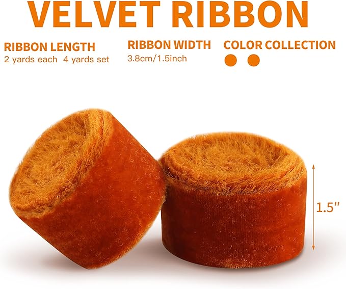 Velvet Ribbon for Gift Wrapping Terracotta Handmade Fringe Ribbons for Crafts Bouquet Fall Decorations 2 Rolls 1 1/2 Inch x 2 Yd (4 Yards Total)