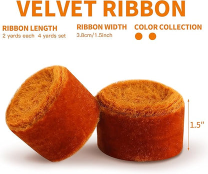 Velvet Ribbon for Gift Wrapping Terracotta Handmade Fringe Ribbons for Crafts Bouquet Fall Decorations 2 Rolls 1 1/2 Inch x 2 Yd (4 Yards Total)