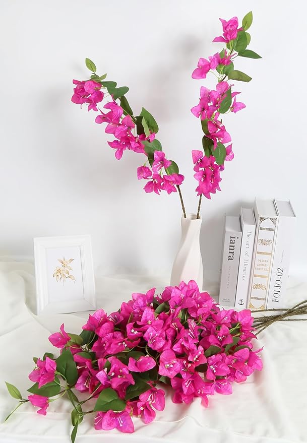 12PCS Bougainvillea Artificial Flowers 31.50" Long Stem Fake Silk Bougainvillea Branches Hot Pink Faux Hanging Flowers Vines for Wedding Centerpieces Home Garden DIY Decorations (Deep Pink)
