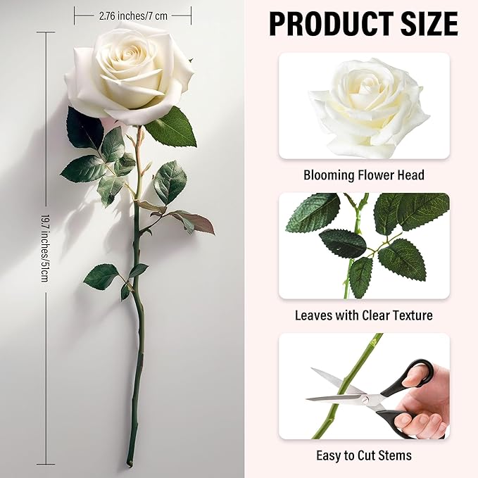 20PCS Artificial Roses with Long Stems - Realistic Silk Flowers, Fake Roses Real Touch Bouquet Roses for Home Decor, Bridal Wedding Table Centerpieces, Faux Rose Flowers (White&Royal Blue)