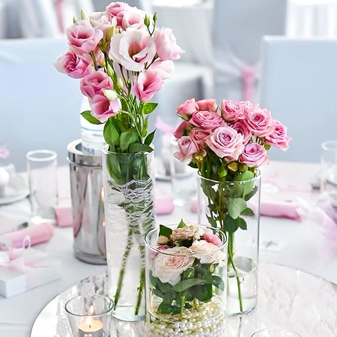 6 Pack Glass Cylinder Vases 10 Inch Tall Clear Flower Vase for Centerpieces, Hurricane Floating Candle Holder Wedding Decorations, Floral Vase Bulk for Table Shelf Party Home Deco (10 x 3.35 Inch)