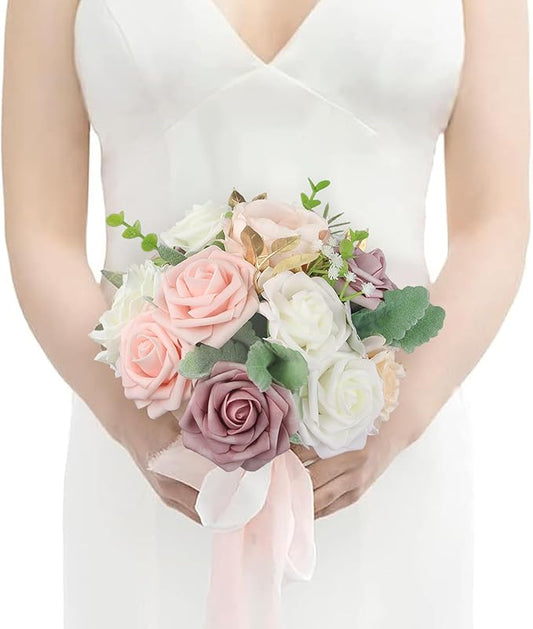 Rinlong 1Pc Dusty Pink Bridesmaids Bouquet Artificial Wedding Bouquets for Bridesmaid Silk Bouquet for Homecoming Prom