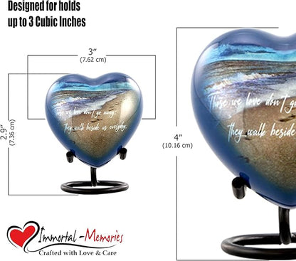Footprints Heart Keepsake Urn - Footprints Mini Cremation Urn for Ashes - Miniature Beach Sharing Urns - Memorial Blue Beach Urn with Dispaly Stand, Premium Box & Velvet Bag (Heart Keepsake)