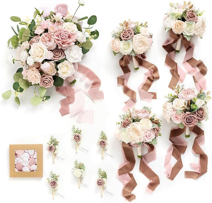 Ling's moment Wedding Artificial Flowers Package, Bridal Bouquet, Bridesmaid Bouquets, Boutonniere for Men, Rose Petals.Dusty Rose Cream