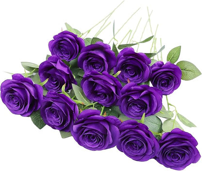 Artificial Rose Flower Artificial Flowers Flower with Long Stem Silk Roses Bouquet for Wedding Bridal Shower Party Home Decoration (Purple, 12 Pcs)