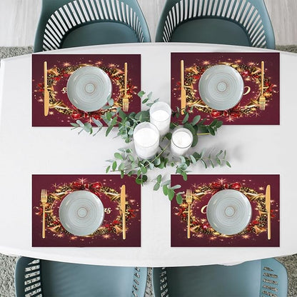 Xmas Christmas Bells Red Placemats Set of 4 PVC Vinyl Non Slip Table Mats Heat Resistant Place Mats Washable Wipeable Dining Table Mat for Kitchen Decor Party Indoor Outdoor Decorative Gift