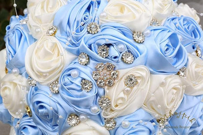 Bridal Wedding Bouquet Round Bling Brooch Bouquet Throw Toss Artificial Rose Flower Bunch for Bride Bridesmaid Wedding Quinceanera(Light Blue & Ivory, 9.8")
