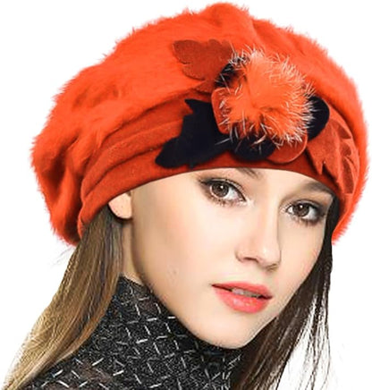 VECRY Lady French Beret 100% Wool Beret Floral Dress Beanie Winter Hat