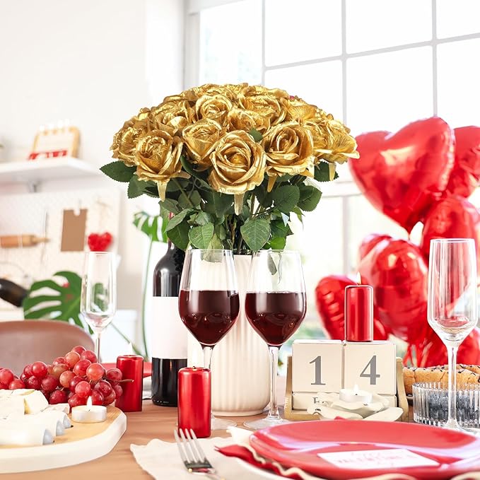 30pcs Fake Roses Artificial Silk Flowers Long Stems Bouquet for Wedding Bridal Shower Party Home Decoration (Gold)