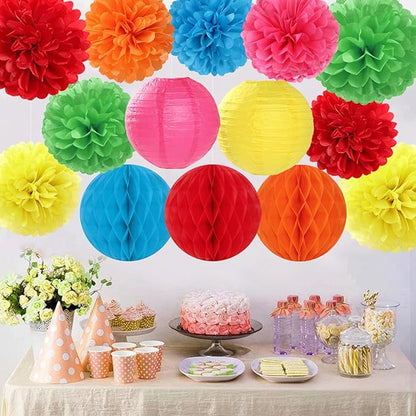 Rainbow Colourful Paper Flowers Tissue Pom Poms Honeycomb Lanterns 15pcs Party Decorations for Mexican Fiesta Cinco De Mayo Taco Carnival Birthday Wedding Baby Shower Hanging Decor Mprocherify